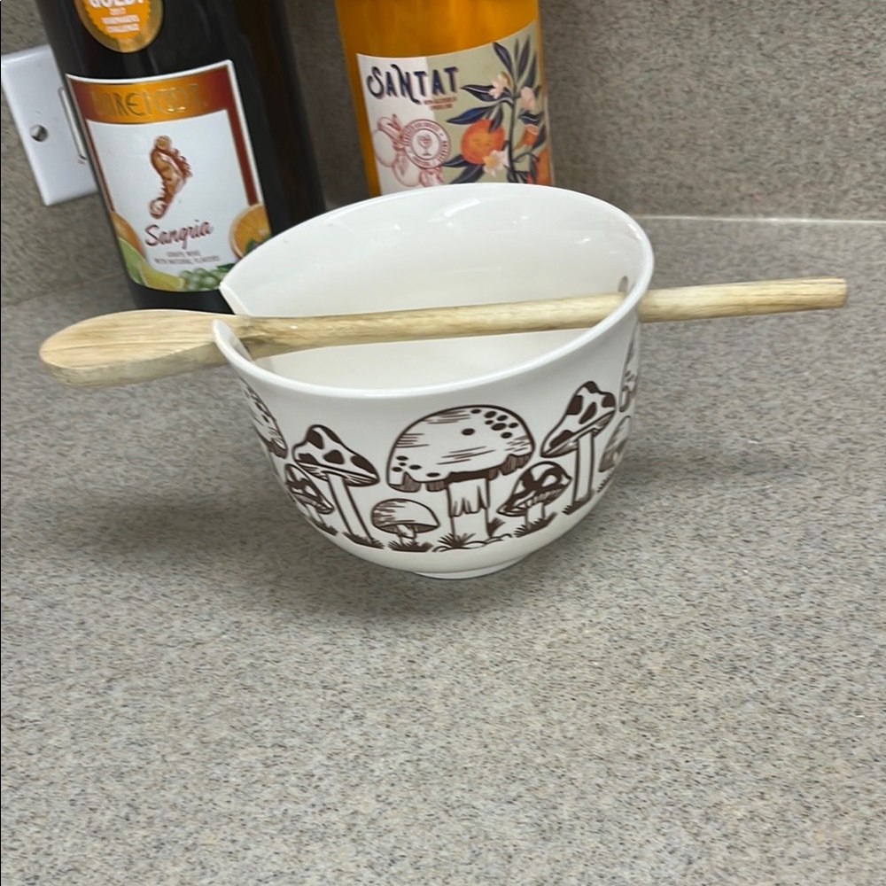 Mushroom Print Bowl with Wooden Spoon